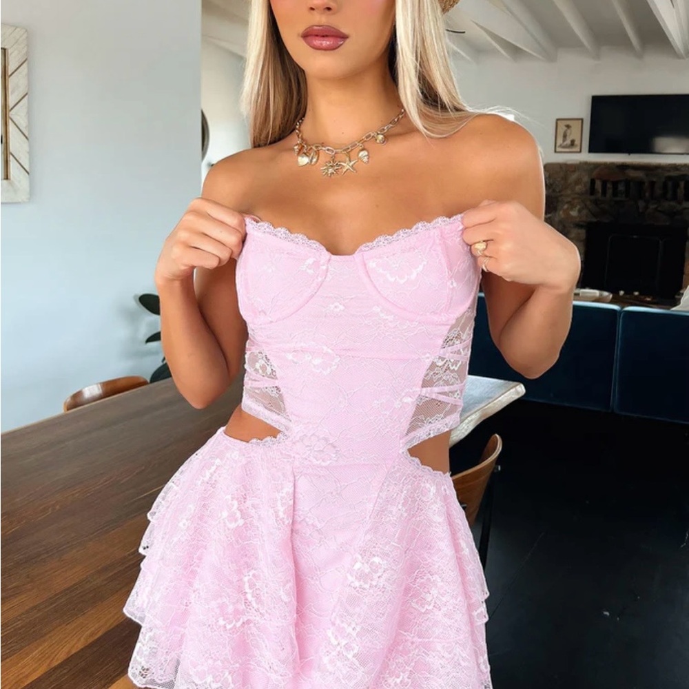 Strapless Pink Lace Cutout Mini Dress with Sweetheart Bust - Picture 2 of 6